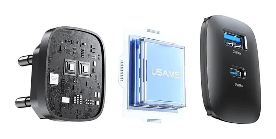 Адаптер питания сетевой Usams T66 45W GaN Dual-Port Fast Charger A+C / CC290TC01 (серый)