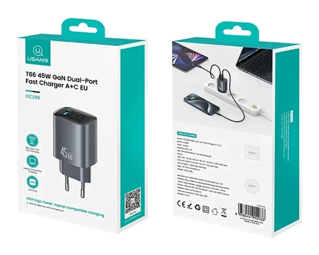 Адаптер питания сетевой Usams T66 45W GaN Dual-Port Fast Charger A+C / CC290TC01 (серый)