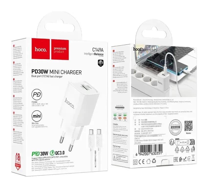 Зарядное устройство сетевое Hoco C149A Charm 30W + кабель (белый)