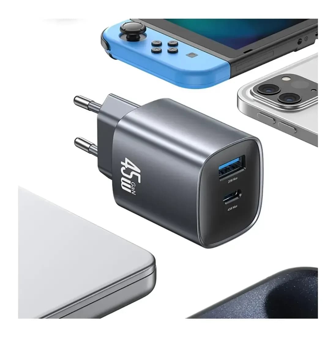 Адаптер питания сетевой Usams T66 45W GaN Dual-Port Fast Charger A+C / CC290TC01 (серый)