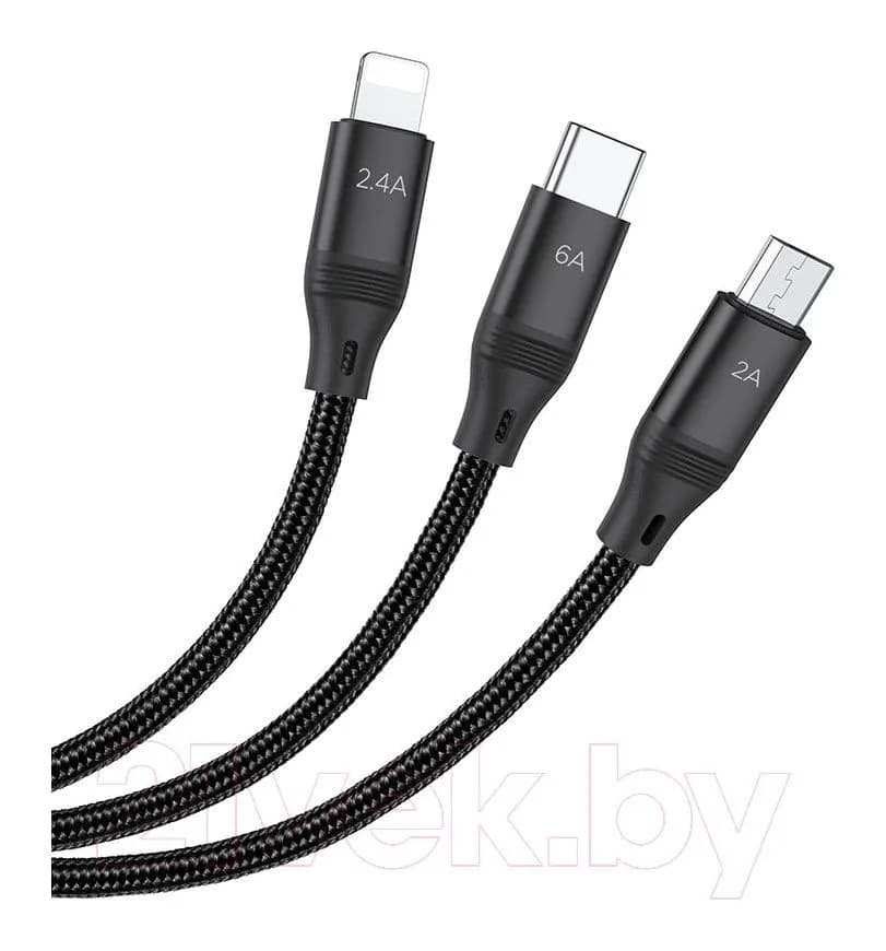 Зарядный кабель Hoco U104 3в1 Lightning + Micro + Type-C (1.2м, черный)